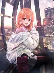 Rule 34 | 1girl, :d, absurdres, bag, black pantyhose, brown eyes, building, city, cityscape, earrings, feet out of frame, ferris wheel interior, from side, grey skirt, hair between eyes, highres, hood, hood down, hooded jacket, isshiki iroha, jacket, jewelry, lens flare, long sleeves, looking at viewer, medium hair, off shoulder, open mouth, orange hair, outdoors, pantyhose, pink shirt, ponkan 8, red bag, shirt, sitting, skirt, sky, smile, solo, teeth, upper teeth only, white jacket, yahari ore no seishun lovecome wa machigatteiru.
