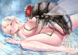 Rule 34 | 1girl, bestiality, blonde hair, blue eyes, blush, grabbing another&#039;s breast, breasts, bug, completely nude, elf, fly, grabbing, insect, large breasts, long hair, looking at viewer, lying, nipples, nude, on back, original, pointy ears, pussy, water, yokami