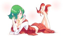 Rule 34 | 1girl, ass, breast press, breasts, cleavage, commentary request, dress, full body, green hair, hand in own hair, high heels, kazami yuuka, large breasts, looking at viewer, lying, neck ribbon, non (z-art), on stomach, one-hour drawing challenge, plaid, plaid dress, popped collar, red eyes, ribbon, shoe dangle, short hair, simple background, soles, solo, touhou, undershirt, white background