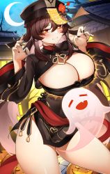 Rule 34 | 1girl, alternate breast size, black coat, black headwear, black shorts, blush, boo tao (genshin impact), breast expansion, breasts, brown hair, casul, cleavage, cleavage cutout, clothing cutout, coat, coattails, flower, genshin impact, ghost, hat, hat flower, highres, hu tao (genshin impact), large breasts, long hair, long sleeves, looking at viewer, plum blossoms, red eyes, shorts, symbol-shaped pupils, thighs, twintails, very long hair