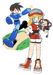 Rule 34 | 1boy, 1girl, animal on arm, arm cannon, armor, black bodysuit, blonde hair, blue armor, blue footwear, blush stickers, bodysuit, bodysuit under clothes, boots, brown gloves, brown hair, cabbie hat, cake, cropped jacket, data (mega man), food, gloves, green eyes, hat, highres, jacket, medium hair, mega buster, mega man (series), mega man legends (series), mega man volnutt, monkey, red footwear, red hat, red jacket, red shorts, running, short hair, shorts, simple background, sleeves rolled up, standing, swiss roll, touhou3939, v, weapon, white background