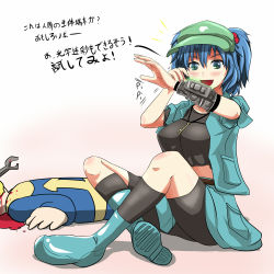 Rule 34 | 1boy, 1girl, bike shorts, blood, blue eyes, blue hair, boots, breasts, crossover, fallout (series), hair bobbles, hair ornament, jacket, kawashiro nitori, key, large breasts, open mouth, pip boy, skirt, smile, touhou, translation request, vault boy, wrench, yaruku