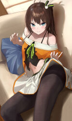 Rule 34 | 1girl, absurdres, ahoge, asymmetrical hair, black camisole, black pantyhose, blue eyes, blush, breasts, brown hair, camisole, cat hair ornament, clothes lift, collarbone, commentary, couch, cropped jacket, eyelashes, feet out of frame, from above, green ribbon, grin, hair ornament, hair ribbon, halterneck, highres, hololive, indoors, jacket, lifting own clothes, looking at viewer, lying, medium hair, midriff, miniskirt, natsuiro matsuri, natsuiro matsuri (1st costume), navel, nayuyu1105, neck ribbon, off-shoulder jacket, off shoulder, on couch, on side, orange jacket, pantyhose, parted lips, pillow, pleated skirt, ribbon, shadow, side ponytail, skirt, skirt lift, small breasts, smile, solo, sunlight, thighband pantyhose, virtual youtuber, white skirt, wooden floor