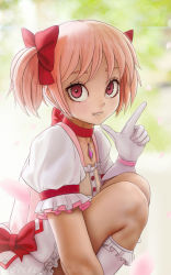 Rule 34 | 10s, 1girl, artist name, blurry, blurry background, bow, buttons, choker, dress, frilled sleeves, frilled socks, frills, from side, gem, gloves, grin, hair bow, highres, index finger raised, kaname madoka, kneehighs, knees, knees to chest, looking at viewer, looking to the side, mahou shoujo madoka magica, mahou shoujo madoka magica (anime), novcel, parted lips, pink hair, puffy short sleeves, puffy sleeves, red bow, red eyes, reversed, revision, short dress, short hair, short sleeves, short twintails, smile, socks, solo, squatting, teeth, twintails, white dress, white gloves, white socks