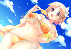 Rule 34 | 10s, 1girl, bikini, blonde hair, blush, bracelet, breasts, brown eyes, brown hair, bubble, cleavage, cloud, curvy, day, dutch angle, female focus, food, front-tie bikini top, front-tie top, gradient background, hair ornament, hairband, holding, idolmaster, idolmaster cinderella girls, jacket, jewelry, large breasts, mimura kanako, mizuno sao, multicolored nails, nail polish, navel, off shoulder, open mouth, popsicle, short hair, side-tie bikini bottom, sky, smile, solo, sweat, swimsuit, thick thighs, thighs, wide hips