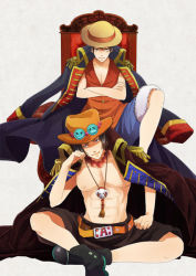 Rule 34 | 2boys, beads, black footwear, black hair, black shorts, boots, brother, brothers, chair, coat, crossed arms, epaulettes, hand rest, hat, jacket, jacket on shoulders, jewelry, male focus, monkey d. luffy, multiple boys, necklace, one piece, portgas d. ace, prayer beads, red upholstery, red vest, sad face, topless male, shoes, shorts, siblings, sitting, smiley face, straw hat, vest