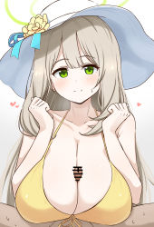 Rule 34 | 1boy, 1girl, absurdres, bikini, blue archive, blush, breasts, breasts squeezed together, censored, cleavage, donutman, flower, front-tie bikini top, front-tie top, green eyes, green halo, halo, hat, hat flower, heart, highres, large breasts, light brown hair, long hair, nonomi (blue archive), nonomi (swimsuit) (blue archive), official alternate costume, paizuri, paizuri under clothes, penis, simple background, smile, solo focus, split mouth, spread legs, sun hat, swept bangs, swimsuit, white background, yellow bikini