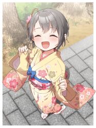 Rule 34 | 1girl, :d, ^ ^, absurdres, blush, brown footwear, closed eyes, commentary request, day, facing viewer, floral print, full body, grey hair, highres, idolmaster, idolmaster cinderella girls, idolmaster cinderella girls starlight stage, japanese clothes, kimono, long sleeves, open mouth, otokura yuuki, outdoors, pinching sleeves, print kimono, sandals, sleeves past wrists, smile, socks, solo, standing, tabi, tree, white socks, wide sleeves, yellow kimono, yukie (kusaka shi), zouri