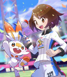 Rule 34 | 1girl, bakumon26, blurry, blurry background, bob cut, brown eyes, brown hair, clenched hand, cloud, collared shirt, commentary request, confetti, creatures (company), day, dynamax band, eyelashes, game freak, gen 8 pokemon, gloria (pokemon), gloves, gym challenge uniform, hand up, highres, navel, nintendo, open mouth, outline, poke ball, poke ball (basic), pokemon, pokemon (creature), pokemon swsh, scorbunny, shirt, short hair, shorts, side slit, side slit shorts, single glove, sky, smile, stadium, sun, teeth, tongue
