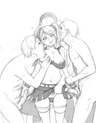 Rule 34 | 1girl, 3boys, bad id, bad pixiv id, belt, blush, breasts, candy, cheerleader, clothed female nude male, clothes pull, crop top, cross-eyed, double handjob, food, grabbing, grabbing another&#039;s breast, grasshopper manufacture, greyscale, group sex, handjob, hetero, highres, imminent gangbang, juliet starling, large breasts, licking, licking nipple, lollipop, lollipop chainsaw, midriff, miniskirt, monochrome, mouth hold, multiple boys, multiple penises, navel, nipple stimulation, nipples, no bra, nude, panties, panty pull, penis, pussy, shirt pull, shiwasu no okina, sketch, skirt, thighhighs, twintails, uncensored, underwear, wristband