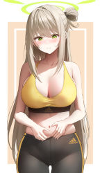 Rule 34 | 1girl, absurdres, adidas, bare arms, bare shoulders, belly grab, black pants, blonde hair, blue archive, blush, border, breasts, brown hair, cleavage, closed mouth, green eyes, hair bun, halo, highres, large breasts, long hair, looking at viewer, midriff, navel, nonomi (blue archive), one side up, pants, raised eyebrows, single hair bun, skindentation, solo, sports bra, sportswear, standing, stomach, straight hair, sweatdrop, very long hair, wavy mouth, weight conscious, white border, yellow sports bra, yoga pants, yuchae