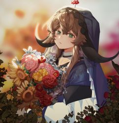 Rule 34 | 1girl, arknights, blue shirt, blurry, blurry background, blush, bouquet, cow horns, depth of field, dokgo die docta (d o t), flower, food, fruit, green eyes, highres, holding, holding bouquet, horns, long sleeves, looking at viewer, off shoulder, pallas (arknights), parted lips, pink flower, plant, red flower, red rose, rose, shirt, short hair with long locks, sidelocks, solo, sunflower, upper body, veil