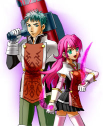Rule 34 | 1boy, 1girl, armor, blue eyes, blue hair, breasts, byrocks burrows, capelet, gloves, green eyes, hammer, jewelry, long hair, mole, open mouth, pants, peridot hamilton, pink hair, short hair, skirt, tales of (series), tales of hearts, thighhighs, weapon