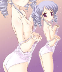 Rule 34 | 00s, 1girl, ass, breasts, clothes pull, da capo, da capo i, drill hair, flat chest, fujimiya, nipples, one-piece swimsuit, one-piece swimsuit pull, pulling own clothes, purple hair, school swimsuit, small breasts, solo, swimsuit, tsukishiro alice, tsukushiro alice, undressing, white one-piece swimsuit, white school swimsuit