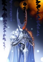 Rule 34 | 1other, armor, breastplate, cloak, collar, gauntlets, glowing, glowing eye, hands on hilt, high collar, highres, holding, holding sword, holding weapon, hollow knight, hollow knight (character), kinokaki2020, nail (hollow knight), orb, own hands together, pauldrons, plant, shoulder armor, sword, vambraces, vines, weapon