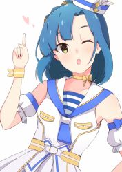 Rule 34 | 10s, 1girl, blue hair, breasts, dress, enelis, green eyes, hand up, hat, heart, idolmaster, idolmaster million live!, idolmaster million live! theater days, looking at viewer, nanao yuriko, one eye closed, pointing, pointing up, simple background, small breasts, solo, white background