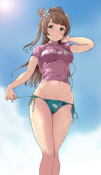 Rule 34 | 10s, 1girl, alp, bikini, bikini bottom only, blush, bow, breasts, brown eyes, brown hair, clothes writing, commentary request, day, english text, hair bow, highres, jpeg artifacts, long hair, looking at viewer, love live!, love live! school idol project, minami kotori, naughty face, outdoors, shirt, side-tie bikini bottom, side ponytail, sky, smile, solo, swimsuit, t-shirt, untying