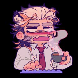 Rule 34 | 1boy, animal ears, animated, animated gif, bara, beard stubble, blank eyes, coffee cup, collared shirt, cup, disposable cup, drunk tiger (kuro), exhausted, facial hair, facing ahead, hair slicked back, holding, holding cup, jitome, kuroshima kurishiro (muyi24108414), lowres, male focus, mature male, multicolored hair, mustache stubble, necktie, original, salaryman, shirt, solo, steam, stubble, thick eyebrows, tiger boy, tiger ears, two-tone hair, white hair, white shirt