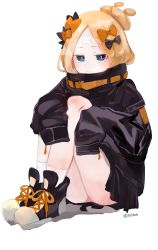 Rule 34 | 1girl, abigail williams (fate), abigail williams (traveling outfit) (fate), alternate hairstyle, artist name, artist request, bandaid, bandaid on face, bandaid on forehead, belt, black bow, black footwear, black jacket, blonde hair, blue eyes, blush, bow, closed eyes, fate/grand order, fate (series), forehead, hair bow, hair bun, half-closed eyes, high collar, highres, jacket, knees up, legs, long hair, looking at viewer, official alternate costume, orange bow, parted bangs, polka dot, polka dot bow, shoes, simple background, single hair bun, sitting, sleeves past fingers, sleeves past wrists, sneakers, solo, thighs, white background