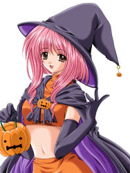 Rule 34 | 1girl, :d, black gloves, brown eyes, cape, clover (game cg), crop top, elbow gloves, gloves, halloween, hat, holding, jack-o&#039;-lantern, looking at viewer, midriff, navel, nishimata aoi, open mouth, pink hair, pumpkin, simple background, smile, solo, white background, witch, witch hat