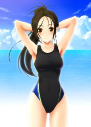 Rule 34 | 1girl, aizawa kotarou, armpits, arms behind head, arms up, beach, brown hair, cloud, competition swimsuit, day, long hair, non-web source, one-piece swimsuit, orange eyes, outdoors, ponytail, solo, swimsuit