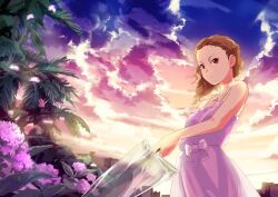 Rule 34 | 1girl, backlighting, bare shoulders, blz, bow, breasts, brown hair, camisole, closed mouth, cloud, cloudy sky, evening, flower, holding, holding umbrella, idolmaster, looking to the side, medium breasts, outdoors, palm tree, pink camisole, pink flower, red eyes, seki hiromi, sky, solo, standing, transparent, transparent umbrella, tree, umbrella, wavy hair