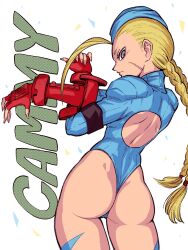 Rule 34 | 1girl, ass, back cutout, blonde hair, blue eyes, braid, cameltoe, cammy white, character name, clothing cutout, curvy, fingerless gloves, from behind, gloves, hat, highleg, highleg leotard, highres, huge ass, leotard, lips, long hair, long sleeves, looking back, shiny skin, street fighter, street fighter zero (series), stretching, takumi309moai, thong leotard, twin braids