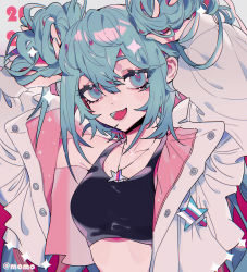 Rule 34 | 1girl, absurdres, black sports bra, blue eyes, blue hair, collarbone, commentary, fang, hands in hair, hands up, hatsune miku, highres, jacket, jewelry, long sleeves, necklace, open clothes, open jacket, open mouth, smile, solo, sparkle, sports bra, star (symbol), star necklace, symbol-only commentary, taowu (20809), twitter username, upper body, vocaloid, white jacket