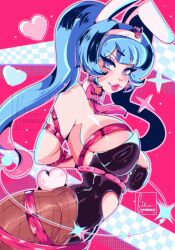 Rule 34 | 1girl, arms behind back, black leotard, blue eyes, blue hair, blush, bow, bowtie, breasts, brown pantyhose, cresscin, detached collar, fishnets, hair ornament, hairband, hatsune miku, heart, heart-shaped pupils, highres, large breasts, leotard, long hair, looking at viewer, pantyhose, parted lips, pink bow, pink bowtie, pink lips, playboy bunny, rabbit ears, rabbit girl, rabbit hair ornament, rabbit hole (vocaloid), rabbit tail, red background, red ribbon, ribbon, smile, sparkle, standing, symbol-shaped pupils, teeth, tied up (nonsexual), twintails, vocaloid, x hair ornament