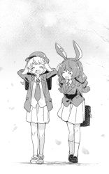 Rule 34 | 2girls, alternate costume, animal ears, arms behind head, bag, bag charm, black footwear, blazer, rabbit ears, cabbie hat, charm (object), cherry blossoms, commentary, crescent, crescent pin, earclip, closed eyes, full body, grey jacket, greyscale, hat, highres, holding, holding bag, jacket, lapel pin, long hair, long sleeves, loose necktie, low twintails, monochrome, multiple girls, necktie, open mouth, petals, pleated skirt, rabbit girl, ringo (touhou), seiran (touhou), shirt, shoes, short hair, skirt, smile, sneakers, socks, tanasuke, touhou, branch, twintails, walking, white background, white footwear, white shirt, white skirt