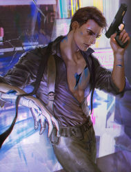 Rule 34 | absurdres, android, belt, black belt, black hair, black pants, black shirt, blood, blue blood, broken glass, closed mouth, collared shirt, colored blood, connor (detroit), detroit: become human, glass, gun, highres, holding, holding gun, holding weapon, injury, kyle., male focus, muscular, muscular male, pants, partially unbuttoned, pectorals, shirt, short hair, weapon