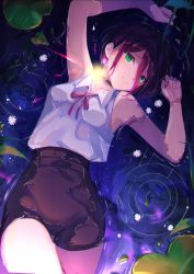 Rule 34 | 1girl, absurdres, armpits, arms up, bare shoulders, black choker, black hair, black skirt, breasts, chainsaw man, choker, collared shirt, cowboy shot, flower, goroo (eneosu), green eyes, grin, hair between eyes, highres, huge filesize, in water, leaf, lily pad, looking at viewer, lying, medium breasts, on back, rain, reze (chainsaw man), ribbon, ripples, shirt, shirt tucked in, short hair, skirt, sleeveless, sleeveless shirt, smile, solo, wet, wet clothes, white shirt