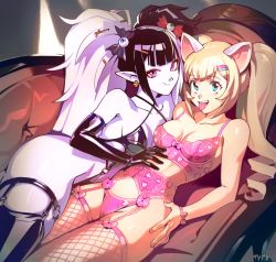 Rule 34 | 2girls, animal ears, aqua eyes, black gloves, black hair, blonde hair, breasts, couch, cowboy shot, draculita, earrings, elbow gloves, eyeball hair ornament, fishnet legwear, fishnets, gloves, hair ornament, hairclip, indie virtual youtuber, jewelry, long hair, lying, medium breasts, multicolored hair, multiple girls, on back, on side, open mouth, optionaltypo, pale skin, peach2d, pink eyes, pointy ears, real life, sidelocks, signature, smile, thighhighs, tongue, tongue out, twintails, two-tone hair, virtual youtuber, white hair