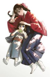 Rule 34 | 1boy, 1girl, arm pillow, ball, blue eyes, blue hakama, blue kimono, braid, braided ponytail, brother and sister, brown hair, child, dappled sunlight, egyuuu, full body, hair ribbon, hakama, hand on another&#039;s head, hands up, headpat, highres, holding, holding toy, japanese clothes, kimetsu no yaiba, kimono, long hair, looking at another, looking away, lying, no shoes, on back, on side, pink ribbon, profile, ribbon, siblings, simple background, single braid, smile, soles, sunlight, tabi, temari ball, tomioka giyuu, tomioka tsutako, toy, white background, white legwear