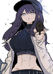Rule 34 | 1girl, abs, absurdres, aiming, aiming at viewer, assault rifle, baseball cap, blue archive, breasts, chest harness, coat, crop top, expressionless, foreshortening, gun, halo, handgun, harness, hat, highres, holding, holding gun, holding weapon, large breasts, looking at viewer, navel, purple hair, rifle, ryu (ryu10733), saori (blue archive), simple background, solo, stomach, weapon, white background, white coat