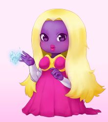 blonde_hair colored_skin creatures_(company) drawfag game_freak gen_1_pokemon gradient_background heart jynx looking_at_viewer nintendo no_humans non-web_source pink_background pokemon pokemon_(creature) purple_eyes purple_skin solo