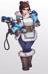 Rule 34 | 1girl, absurdres, arm belt, beads, belt, belt pouch, black-framed eyewear, blue gloves, blue legwear, boots, brown eyes, brown hair, canister, canteen, coat, full body, fur-trimmed boots, fur boots, fur coat, fur trim, glasses, gloves, gradient background, gun, hair bun, hair ornament, hair stick, hand up, harness, hayanpool, heart, heart-shaped pupils, highres, holding, holding weapon, hose, knee boots, lips, lipstick, makeup, mei (overwatch), open mouth, overwatch, overwatch 1, parka, pouch, shoes, short hair, sidelocks, single hair bun, smile, snowflake hair ornament, solo, spiked shoes, spikes, symbol-shaped pupils, utility belt, weapon, winter clothes, winter coat