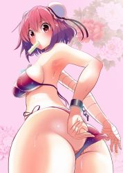 Rule 34 | 1girl, adjusting clothes, adjusting swimsuit, amisu, armpits, ass, bandages, bikini, breasts, chain, double bun, food, from behind, from below, gluteal fold, hair bun, ibaraki kasen, large breasts, looking at viewer, looking back, pink eyes, pink hair, popsicle, red bikini, short hair, side-tie bikini bottom, sideboob, solo, swimsuit, touhou, wet, wide-eyed