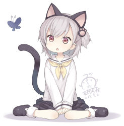 Rule 34 | 1girl, animal, animal ears, black footwear, black hairband, black skirt, bug, butterfly, capriccio, cat ears, cat girl, cat tail, chestnut mouth, commentary request, dated, fake animal ears, hair between eyes, hair ornament, hairband, head tilt, insect, kaburi chiko, long sleeves, neckerchief, one side up, original, parted lips, paw hair ornament, pleated skirt, red eyes, sailor collar, school uniform, serafuku, shirt, shoes, signature, silver hair, sitting, skirt, sleeves past wrists, socks, solo, tail, tail raised, wariza, white background, white sailor collar, white shirt, white socks, yellow neckerchief