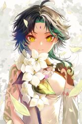 Rule 34 | 1boy, arm tattoo, bead necklace, beads, flower, genshin impact, gloves, green hair, highres, jewelry, male focus, multicolored hair, necklace, shoulder spikes, spikes, tattoo, xiao (genshin impact), yellow eyes, yuno setouchi