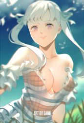 Rule 34 | 1girl, artist name, bare shoulders, black clover, breasts, cleavage, collarbone, commentary, detached sleeves, dress, english commentary, frilled dress, frills, large breasts, long hair, looking at viewer, neekochanii, noelle silva, purple eyes, short sleeves, silver hair, smile, solo, strapless, strapless dress, striped clothes, striped dress, twintails, upper body