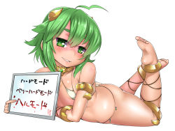 Rule 34 | 1girl, ahoge, ass, barefoot, blush, eyebrows, green eyes, green hair, grin, hobby (kento), holding, holding sign, looking at viewer, lying, on stomach, original, pointing, sign, simple background, smile, soles, solo, text focus, the pose, toes, white background