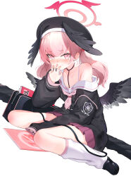 Rule 34 | 1girl, absurdres, bag, beret, black footwear, black hat, black shirt, blue archive, blush, bolt action, book, closed mouth, feathered wings, gun, halo, hand up, hat, head wings, highres, koharu (blue archive), loafers, long hair, long sleeves, looking at viewer, miniskirt, miruto netsuki, necktie, nose blush, off shoulder, p14 enfield, pink hair, pink necktie, purple skirt, rifle, school bag, shirt, shoes, short necktie, single bare shoulder, sitting, skirt, socks, solo, tearing up, wariza, weapon, weapon bag, white background, white socks, wings