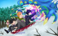 Rule 34 | 4boys, artist name, black footwear, black hair, black jacket, blonde hair, blue sky, closed mouth, day, ekubo (mob psycho 100), forest, formal, full body, fur trim, ghost, green pants, green scarf, grey pants, hanazawa teruki, hand on another&#039;s stomach, highres, insertsomthinawesome, jacket, kageyama ritsu, kageyama shigeo, long sleeves, looking at another, looking away, looking back, male focus, mob psycho 100, multiple boys, nature, necktie, open clothes, open jacket, open mouth, orange hair, outdoors, pants, pink neckwear, red neckwear, red scarf, reigen arataka, scared, scarf, short hair, signature, sitting, sky, snow, socks, standing, suit, teeth, tree, watermark, web address, white jacket, winter, winter clothes