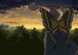 Rule 34 | 1058hoshi, 1boy, absurdres, arm up, blue cape, bush, butterfly wings, cape, dated, diamond hairband, facing away, fate/grand order, fate (series), field, fur-trimmed cape, fur trim, grey hair, highres, holding, holding ribbon, insect wings, long sleeves, male focus, mountain, oberon (fate), outdoors, ribbon, shirt, short hair, signature, solo, star (sky), twilight, white shirt, wings, yellow wings