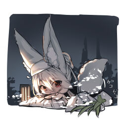 Rule 34 | 1girl, :&lt;, animal ear fluff, animal ears, commentary request, fox ears, fox girl, fox tail, grey hair, hair between eyes, highres, lantern, long hair, looking at viewer, night, nude, onsen, original, outdoors, parted lips, red eyes, solo, tail, towel, towel on head, triangle mouth, very long hair, yuuji (yukimimi)