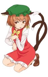Rule 34 | 1girl, :p, animal ear fluff, animal ears, bow, bowtie, brown eyes, brown hair, cat ears, cat tail, chen, dress, earrings, ears down, full body, hat, highres, jewelry, kakone, kneeling, looking to the side, mob cap, multiple tails, nekomata, one-hour drawing challenge, paw pose, red dress, short hair, simple background, solo, tail, tongue, tongue out, touhou, two tails, v-shaped eyebrows, white background, yellow bow, yellow bowtie