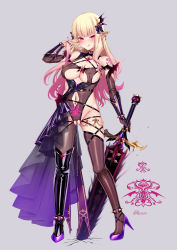 Rule 34 | 1girl, arm at side, asymmetrical legwear, blonde hair, bow, breasts, cleavage, clitoris piercing, clothing cutout, collar, corruption, dark persona, dress, ear piercing, glowing, glowing weapon, gradient hair, grey background, hair bow, hair ornament, hand up, high heels, highres, holding, holding sword, holding weapon, large breasts, licking lips, long hair, looking at viewer, mismatched legwear, multicolored hair, navel, navel piercing, nipple piercing, piercing, pink hair, pointy ears, princess connect!, puririn, pussy juice, pussy juice trail, pussy piercing, red eyes, revealing clothes, saren (princess connect!), simple background, solo, standing, sword, thighhighs, tongue, tongue out, twitter username, weapon