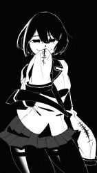 1other black_background breasts closed_mouth commentary empty_eyes english_commentary greyscale hair_between_eyes highres large_breasts long_sleeves looking_at_viewer monochrome monogatari_(series) necktie oshino_ougi other_focus pleated_skirt ruw_ruler short_hair simple_background skirt sleeves_past_fingers sleeves_past_wrists smile solo straight-on thighhighs uniform