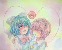 Rule 34 | 2girls, blouse, blue eyes, blue hair, bow, bowtie, cirno, eyeball, hair bow, hairband, hand on another&#039;s shoulder, heart, highres, komeiji satori, long sleeves, looking at viewer, multiple girls, open mouth, painting (medium), portrait, puffy short sleeves, puffy sleeves, purple background, purple eyes, purple hair, shirt, short hair, short sleeves, smile, third eye, touhou, traditional media, watercolor (medium), yuyu (00365676)